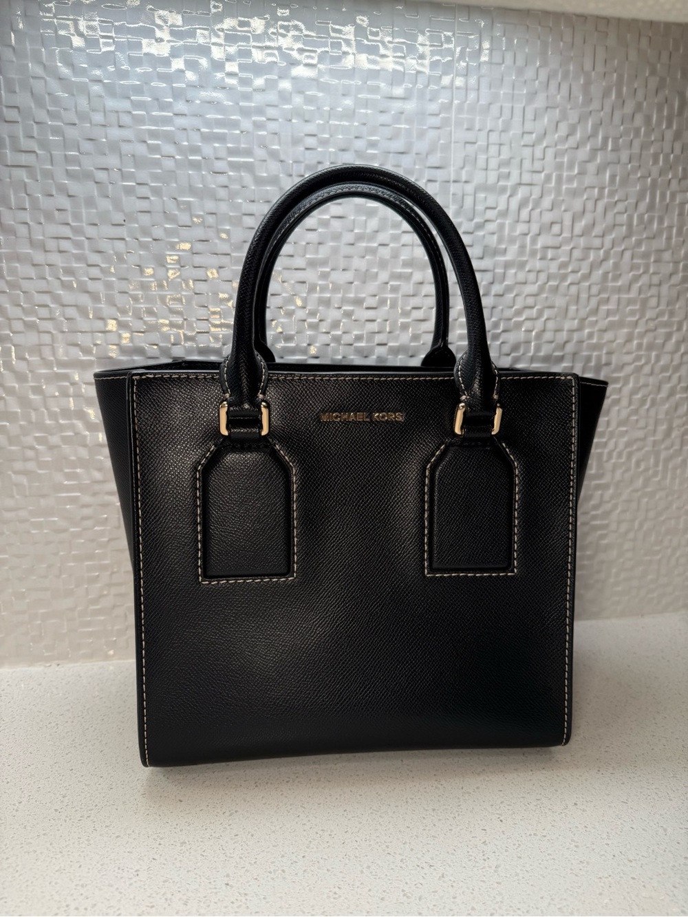 Michael Kors Black Structured Saffiano Satchel with Gold Hardware